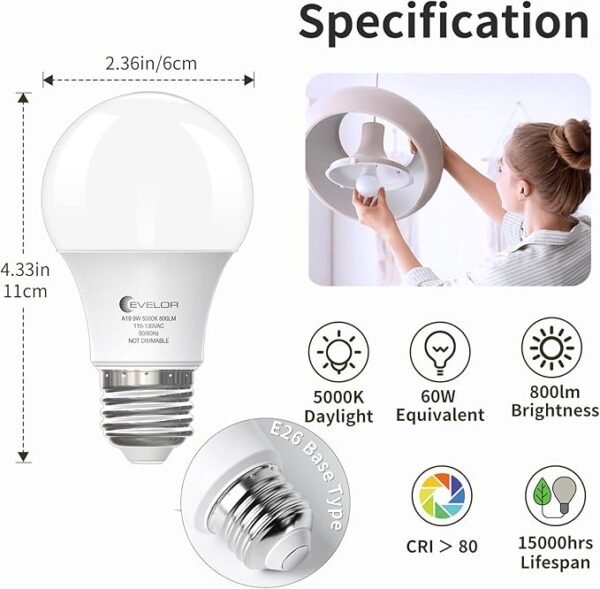 A19 LED Light Bulbs,60 Watt Equivalent Daylight 5000K with E26 Base,Efficient 9W,800 Lumens Non-Dimmable LED Bulbs,15000 Hours, Ideal for Bedroom Living Room,6-Packs - Image 2