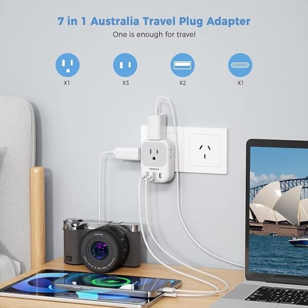 Australia New Zealand Power Adapter, TESSAN Type I Travel Adaptor with 4 American Outlets 3 USB Charger (1 USB C Port), Plug Converter for US to Australian China Argentina Fiji Cook Islands AU - Image 2