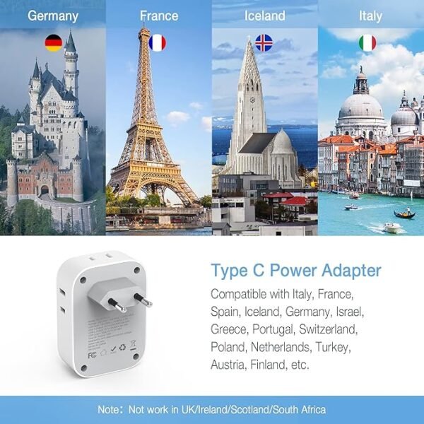 TESSAN 3 Pack European Travel Plug Adapter USB C, US to Europe Plug Adapter with 4 AC Outlets and 3 USB Ports, Type C Power Adaptor for USA to EU International Spain France Iceland Italy Greece - Image 2