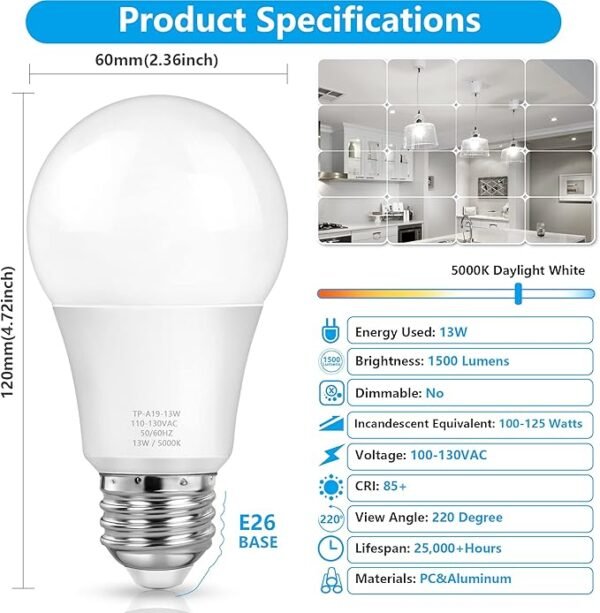 MAXvolador A19 LED Light Bulbs, 100 Watt Equivalent LED Bulbs, Daylight White 5000K, 1500LM, E26 Base, Non-Dimmable, 13W Bright LED Bulbs, 4-Pack - Image 2