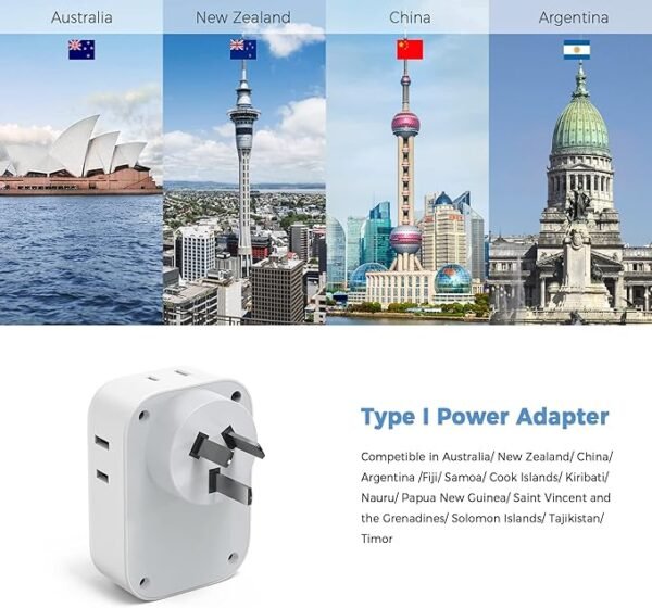 Australia New Zealand Power Adapter, TESSAN Type I Travel Adaptor with 4 American Outlets 3 USB Charger (1 USB C Port), Plug Converter for US to Australian China Argentina Fiji Cook Islands AU - Image 3