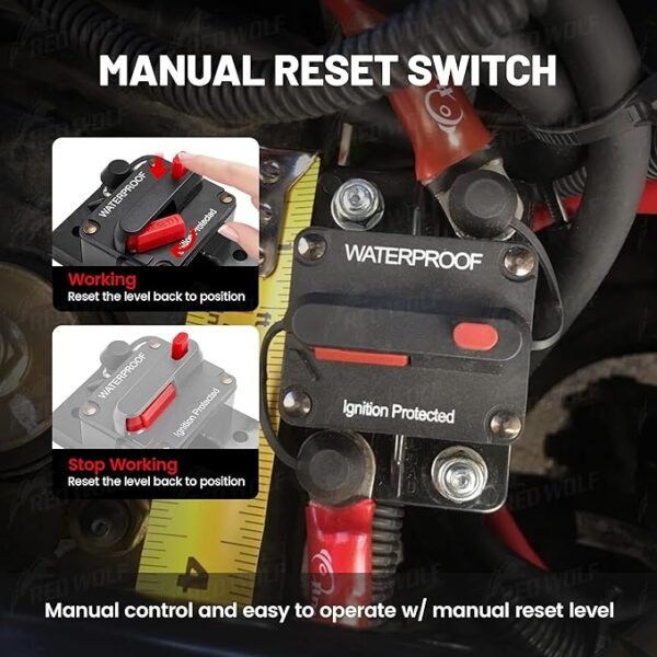 RED WOLF 60Amp Circuit Breaker for Boat Trolling Motor Marine ATV Trailer Vehicles Stereo Audio Electronic Battery Solar System Inline Fuse with Manual Reset Switch Waterproof DC 12V-48V - Image 2