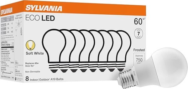 SYLVANIA ECO LED Light Bulb, A19 60W Equivalent, Efficient 9W, 7 Year, 750 Lumens, 2700K, Non-Dimmable, Frosted, Soft White - 8 Count (Pack of 1) (40821)