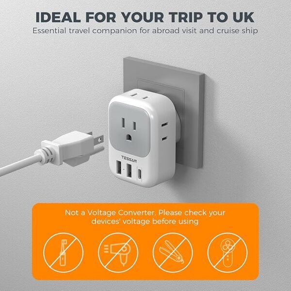 US to UK Plug Adapter 3 Pack, TESSAN Type G Adapter for Travel with 4 Outlets 3 USB Charger(1 USB C), Ireland Power Adaptor for USA to England London Scotland Dubai Singapore Hong Kong Qatar - Image 6