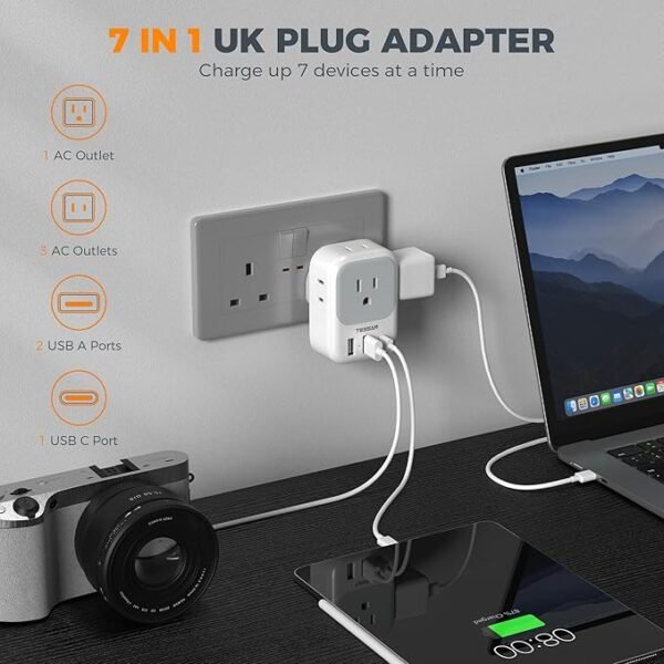 US to UK Plug Adapter 3 Pack, TESSAN Type G Adapter for Travel with 4 Outlets 3 USB Charger(1 USB C), Ireland Power Adaptor for USA to England London Scotland Dubai Singapore Hong Kong Qatar - Image 3